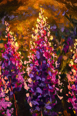 Obraz na płótnie Canvas Impressionism texture Oil painting beautiful pink purple flowers ivan-tea fireweed close-up. Flowers background modern fine art.
