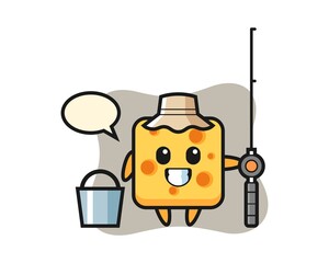 Mascot character of cheese as a fisherman