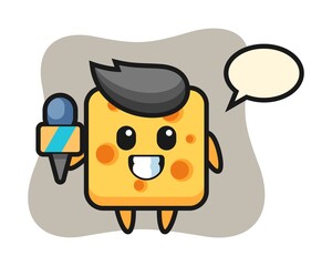 Character mascot of cheese as a news reporter
