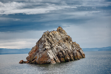 Lake Baikal in cloudy weather. Cold summer