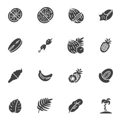 Summer food vector icons set, modern solid symbol collection, filled style pictogram pack. Signs, logo illustration. Set includes icons as fruit and vegetables, pineapple, ice cream, banana, barbecue