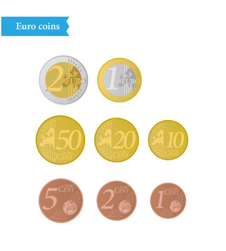 Euro Coins Vector Illustration (1 Euro, 2 Euro, 50 Cent Currency Set)