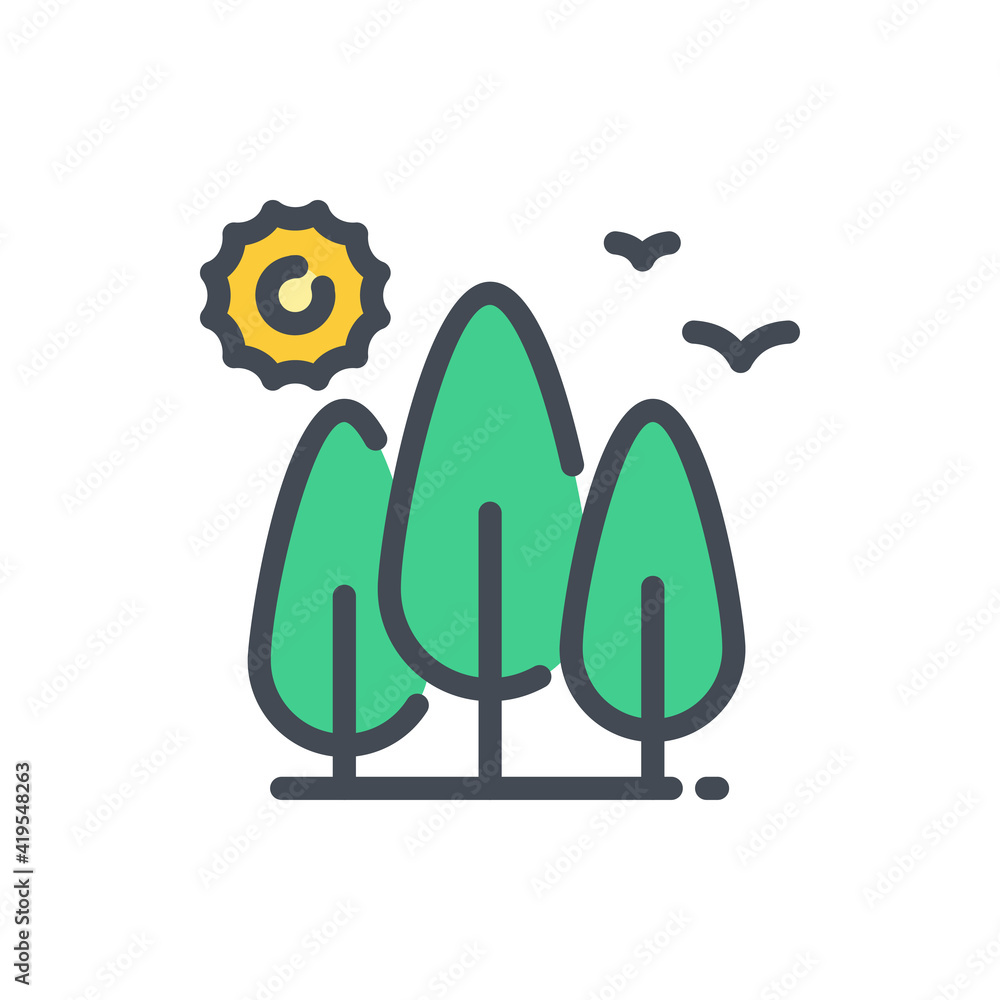 Poster park and forest color line icon. trees with sun and bird vector outline colorful sign.
