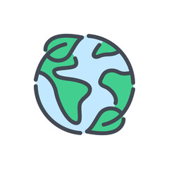 Earth planet with leaves color line icon. World ecology vector outline colorful sign.