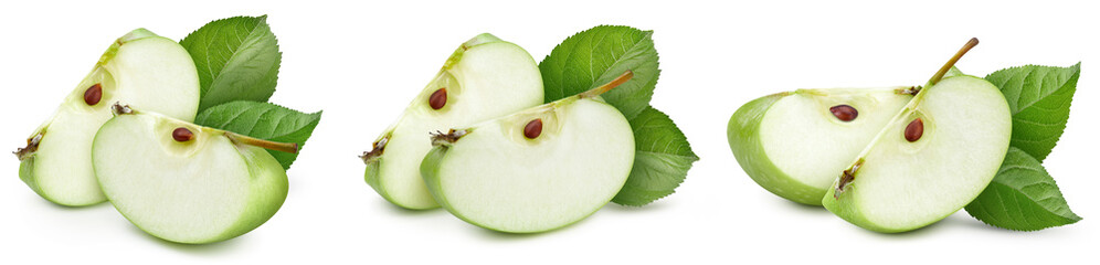 Green apple slice. Apple clipping path. Organic fresh apple isolated on white. Full depth of field