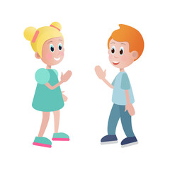 A boy and a girl say hello and get acquainted can be used as a card for visual instruction in teaching children with delayed speech development with autism to communicate in society.