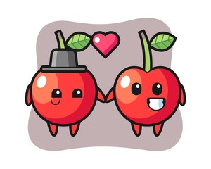 Cherry cartoon character couple with fall in love gesture