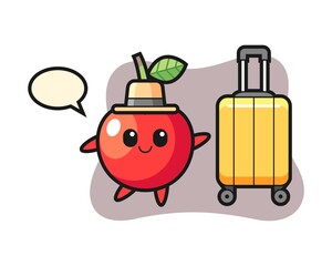 Cherry cartoon illustration with luggage on vacation