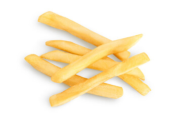 French fries or fried potatoes isolated on white background with clipping path and full depth of field. Top view. Flat lay