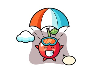 Cherry mascot cartoon is skydiving with happy gesture