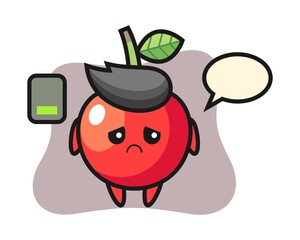 Cherry mascot character doing a tired gesture