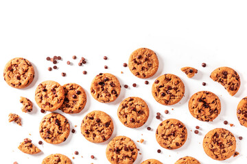 Chocolate chip cookies, shot from the top with a place for text on a white background