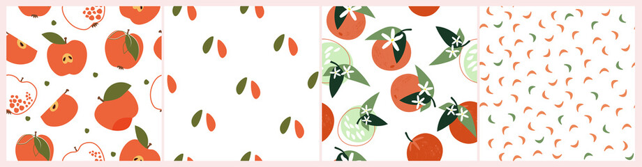 A set of artistic seamless patterns with abstract fruits. Flowers, simple shapes, leaves, tangerines, oranges, apples, citrus bright summer colors for prints, wallpaper, textiles. Vector illustration.