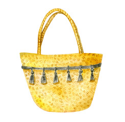 Summer bag, woven of straw, decorated with tassels of yarn. Watercolor hand drawn element. Isolated on white background. Ideal for summer poster, card.