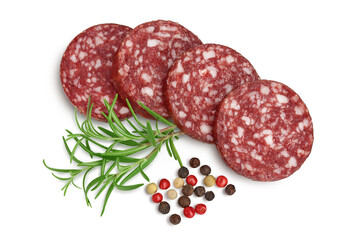 Smoked sausage salami slices isolated on white background with clipping path and full depth of field. Top view. Flat lay