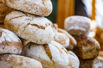 Many rustic fresh bread loaves