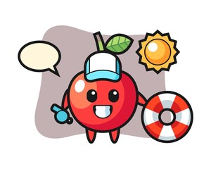 Cartoon mascot of cherry as a beach guard