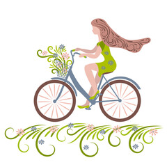 A young woman on a bicycle picked flowers in a field. Springtime. Vector illustration.