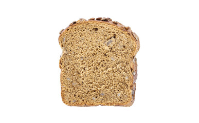 Dark bread, with sunflower seeds, cut off piece isolated on white background with clipping path.