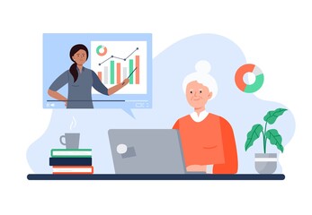 An Old Woman Watches Online Course. Online Education, E-learning, Studying at Home, Tutorials. Vector Flat Illustration.