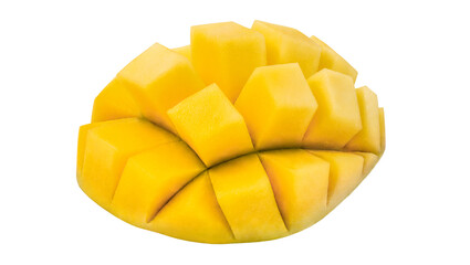 Mango cut into cubes, isolated on white background with clipping path, element of packaging design.