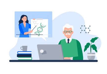 An Old Man Watches Online Course. Online Education, E-learning, Studying at Home, Tutorials. Vector Flat Illustration.