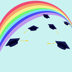 beautiful rainbow background with graduation caps in a row, on a blue panoramic background