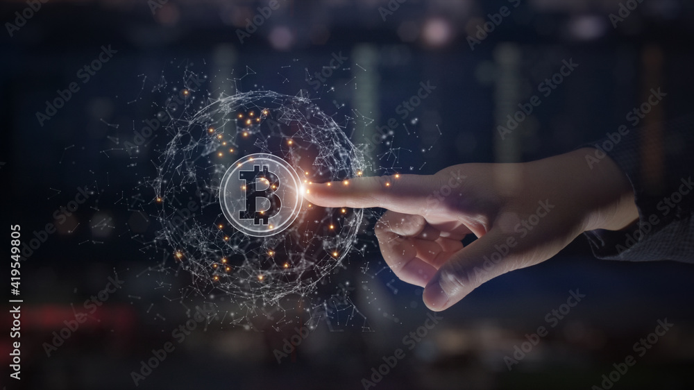 Aufkleber hands touch bitcoin blockchain cryptocurrency digital encryption, digital money exchange, technology