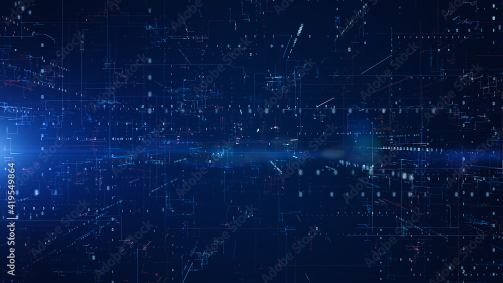 Fototapete Digital Cyberspace with Particles and Digital Data Network Connections. High Speed Connection and Data Analysis Technology Digital Abstract Background Concept. 3d rendering