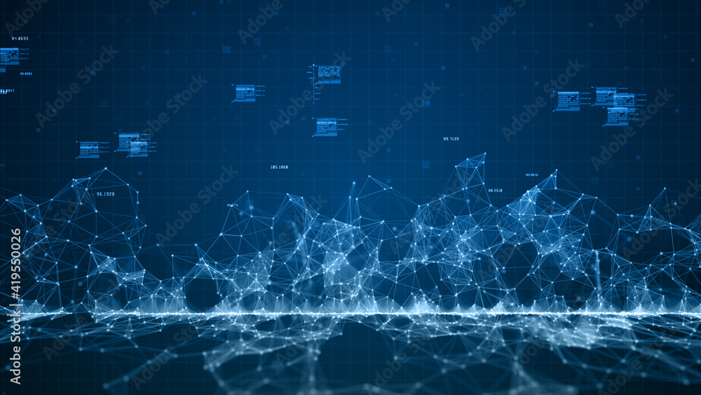 Poster blue digital cyberspace digital data network connections with lines and dots connection. technology 