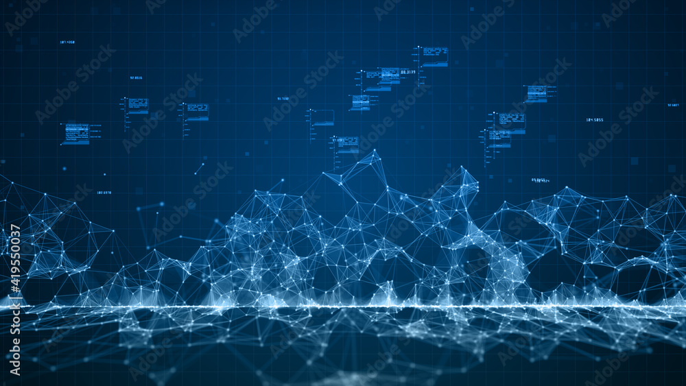 Poster Blue digital cyberspace digital data network connections with lines and dots connection. Technology communication or Hi-Tech digital display holographic information background. 3d rendering