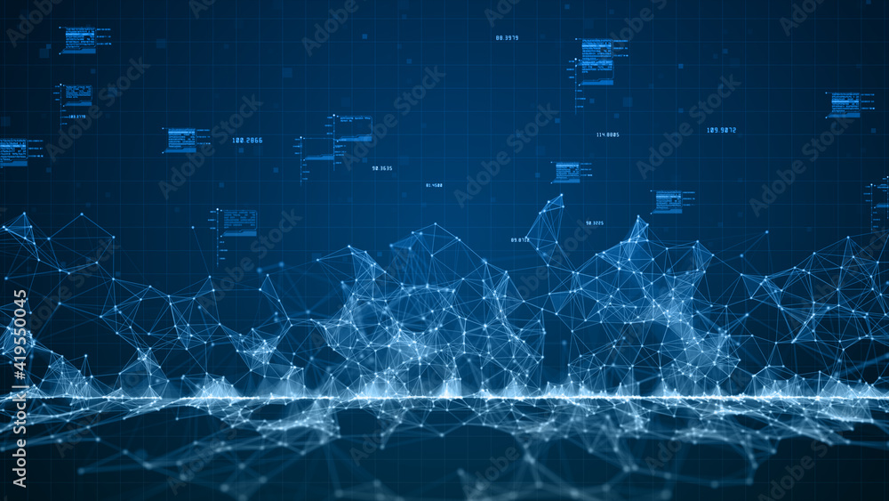 Poster blue digital cyberspace digital data network connections with lines and dots connection. technology 