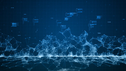 Blue digital cyberspace digital data network connections with lines and dots connection. Technology communication or Hi-Tech digital display holographic information background. 3d rendering