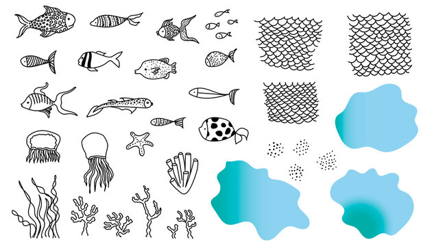 Set of sea animals. Abstract fishes and fishing net, jellyfish, seaweed, coral, starfish, blue spots. Vector illustration. Can be used in colouring book for adults and children.