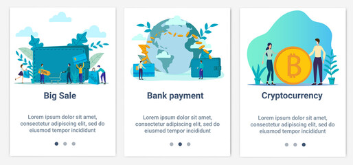 Modern flat illustrations in the form of a slider for web design. A set of UI and UX interfaces for the user interface.Topic Online payments and purchases, cryptocurrency.
