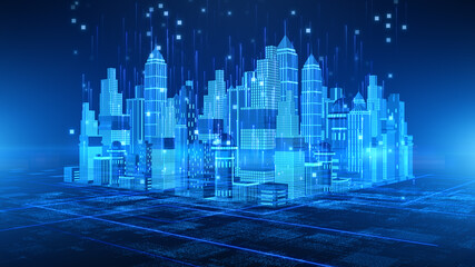Smart City with technology 5g communication. Futuristic digital data network connected. Internet of things background concept