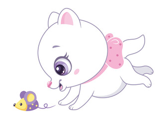 Obraz na płótnie Canvas Little white cat playing with toy mouse. Cartoon vector illustration