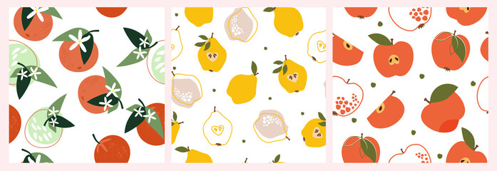 A set of artistic seamless patterns with abstract fruits. Flowers, simple shapes, leaves, tangerines, oranges, and pears, apples, citrus bright summer colors for prints, wallpaper, textiles. Vector.
