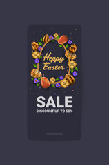 happy easter holiday celebration sale banner flyer or greeting card with decorative eggs vertical vector illustration