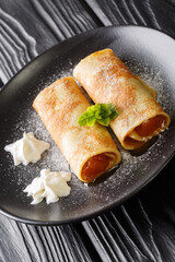 Palatschinken Austrian crepes with apricot jam close-up in a plate on the table. vertical