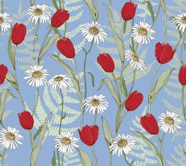 Floral background with daisies, tulips and ferns. Seamless vector pattern for fabric and wallpaper.