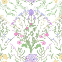 Floral symmetrical pattern on a white background. Beautiful vector pattern with irises, petunias and phlox and clover.