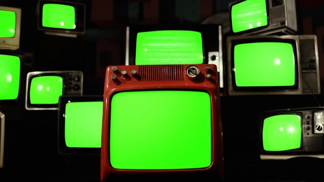 Many Vintage Televisions Turning On Green Screens. You can replace green screen with the footage or picture you want. You can do it with &ldquo;Keying&rdquo; effect in After Effects. 4K Resolution. 