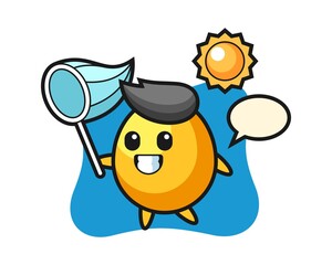 Golden egg mascot illustration is catching butterfly
