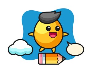 Golden egg mascot illustration riding on a giant pencil