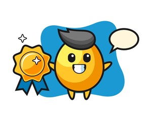 Golden egg mascot illustration holding a golden badge