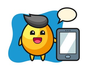 Golden egg illustration cartoon holding a smartphone