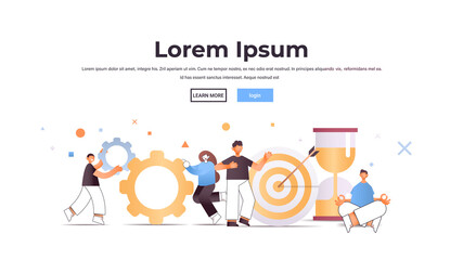 set businesspeople with cog wheels target and sand clock professional teamwork process cooperation concept full length horizontal copy space vector illustration