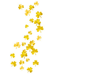 Shamrock background for Saint Patricks Day.  Lucky trefoil confetti. Glitter frame of clover leaves. Template for poster, gift certificate, banner. Celtic shamrock background.