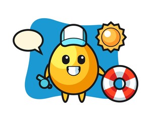 Cartoon mascot of golden egg as a beach guard